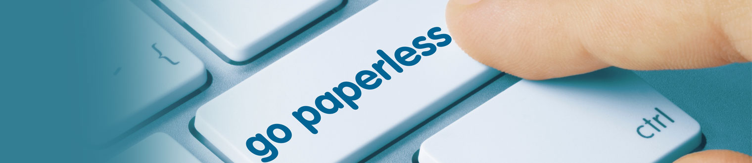 Person clicking a "go paperless" button on a keyboard